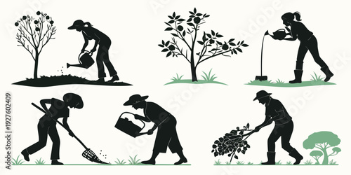 Ancient humans hunting with various tools and weapons in a prehistoric landscape Vector