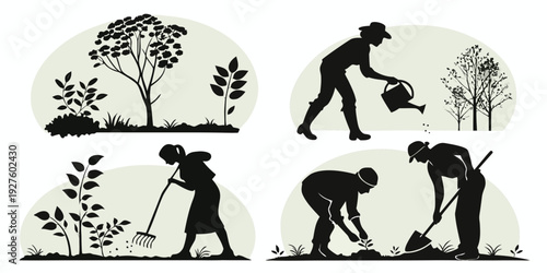 A sequence of images showing a person planting a tree and its growth over time Vector