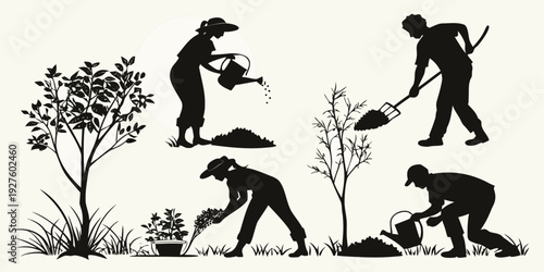 Illustration of various animals interacting with a tree and plants Vector