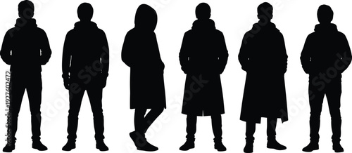 Diverse urban fashion group silhouettes, men and women in jackets dresses blazers coats, casual confident poses, black vector illustration lineup