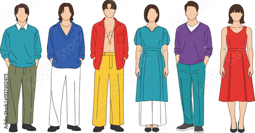 Diverse stylish people in colorful casual outfits, blazers, dresses, jackets, sweaters and trousers standing together modern fashion group vector illustration