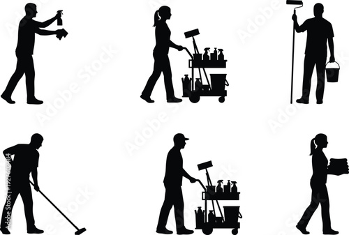Professional cleaning service silhouettes featuring janitors with equipment carts spray bottles and rollers for housekeeping maintenance and commercial sanitization concepts