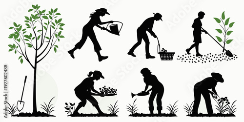 Ancient humans gathering food and tools from a tree in a prehistoric setting Vector