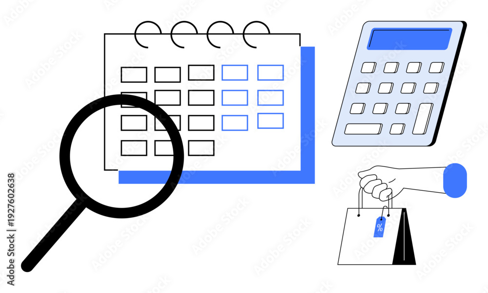 Obraz premium Financial planning, business operations, retail management, cost evaluation, budgeting, market analysis. Calendar, calculator magnifying glass hand with shopping bag. Budgeting and financial
