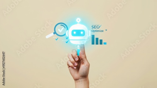 Hand interacting with virtual SEO optimization robot and icons on beige background