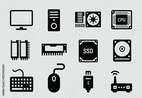 technology hardware black symbols set, pc components including processor motherboard ram gpu and cooling system vector illustration.