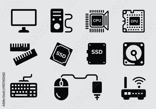 computer parts solid black icon pack, cpu chip motherboard ram module gpu card storage drive and power supply vector set.