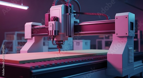 Automated CNC Machine Engraving Wood With Precision In A Modern Workshop With Neon Lighting