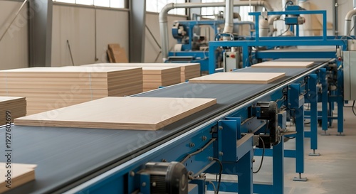 Woodworking Factory Production Line With Stacks Of Material And Conveyor Belt In Bright Industrial Lighting