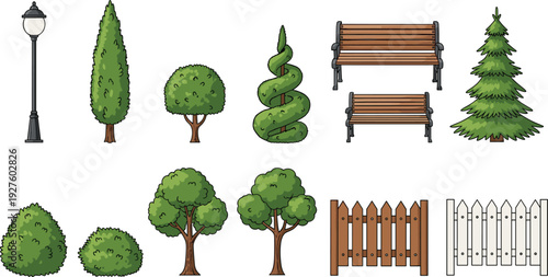 Park elements vector set with benches, trees, bushes, fence, and street lamp for landscape design and outdoor illustration projects