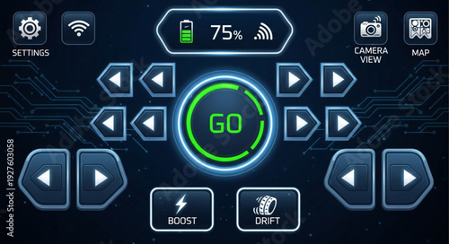 Drone control interface with various buttons and indicators for flight operations and settings.