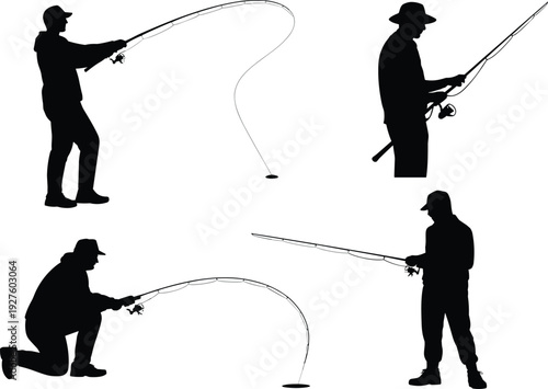 Set of four black silhouettes of fishermen with fishing rods and reels in various active poses isolated on white background.
