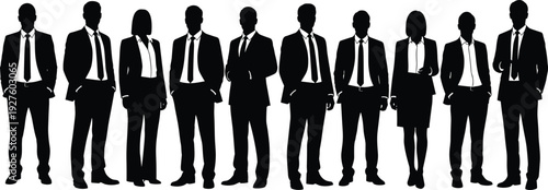 Large group of business professionals in formal suits ties blazers standing in row black silhouette vector illustration diverse men women isolated white background.
