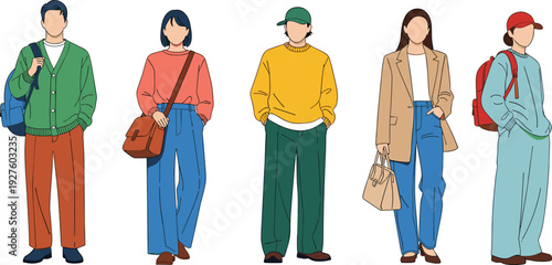 Diverse young adults standing in row trendy casual outfits colorful fashion styles faceless figures modern streetwear illustration set avatars backpacks bags