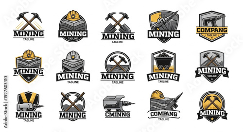Collection of mining industry logos featuring pickaxes and helmets in various designs.