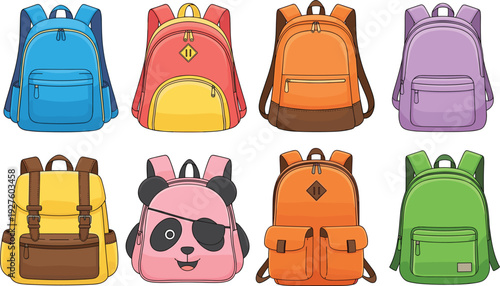 Colorful Set of Cartoon Backpacks in Various Designs and Styles for Kids and School