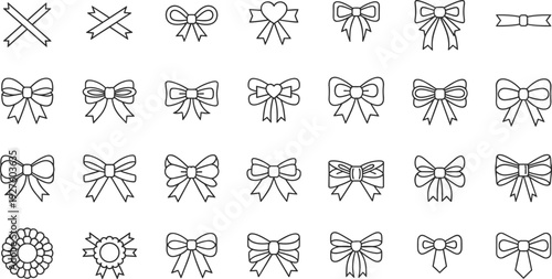 Ribbon bow outline collection with decorative gift bows vector set for holiday packaging, wedding decoration, and festive design projects