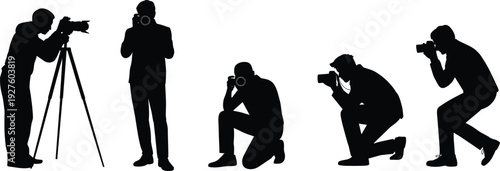 Black silhouette set of professional photographers in various poses using cameras and tripods for media, journalism, and artistic photography design.
