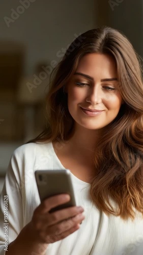 Young caucasian female smiling while using smartphone indoors
