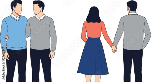 Man with red hickey on neck hugging another man, then holding hands with unaware woman from behind, infidelity betrayal illustration
