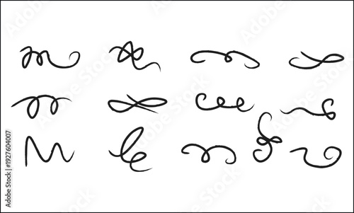 Flourish hand drawn swash line set. Flourish line calligraphy hand drawn pen ink brush thin stroke curve..Elegant vintage doodle swirl scroll underline text decoration design. Vector illustration. 