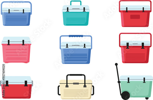 Colorful Set of Different Coolers and Toolboxes in Various Sizes and Styles for Outdoor and Household Use