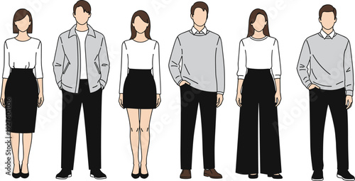 Modern business casual outfits for men and women, colorful flat vector fashion illustration, blazer sweater wide pants skirt professional diverse lineup