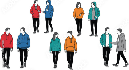 Diverse young people walking and talking in colorful hoodies, sweatshirts and casual jackets, modern urban street fashion group vector illustration