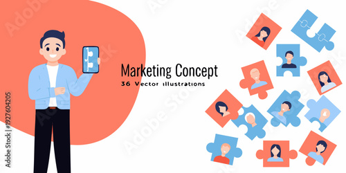 Marketing concept illustration featuring a man with a phone and puzzle pieces