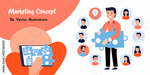 Marketing concept illustration with people puzzles and a digital display