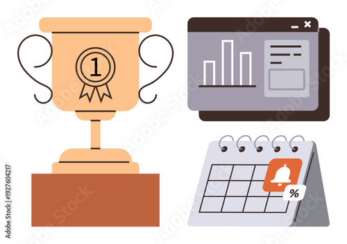 Business success, goal setting, achievement, performance tracking, productivity, time management. Trophy, data charts and calendar with alert. Achievement and performance tracking concept