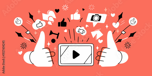 Social media engagement illustration featuring thumbs up hearts and a play button