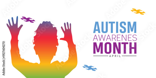 Autism Awareness Month with Rainbow Child Silhouette and Puzzle Pieces