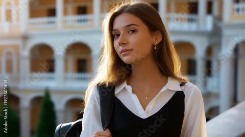 Young caucasian female in stylish outfit with backpack outdoors