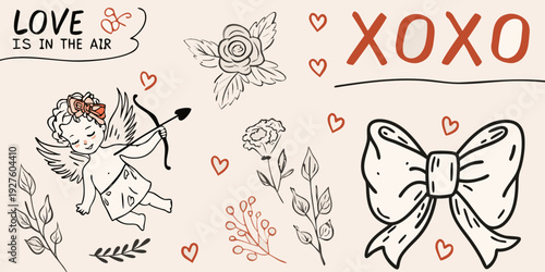A whimsical illustration depicting love cherubs and valentine s day elements