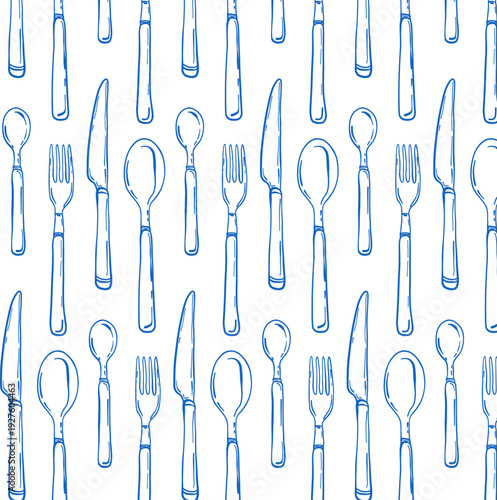 Hand Drawn Cutlery Seamless Pattern. Fork, Knife, Spoon Outline Vector Illustration. Kitchen Utensils Background