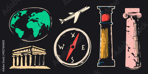 Travel icons including a globe plane compass and ancient ruins
