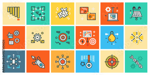 Colorful grid of various technical and analytical icons representing modern concepts