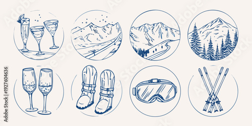 Hand drawn winter and celebration themed sketches in circular frames