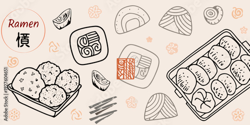 A collection of hand drawn japanese food illustrations on a beige background