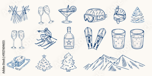 Winter holiday themed doodles including drinks ski gear and festive decorations