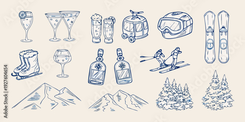 Winter holiday themed doodles including drinks sports and mountain scenery