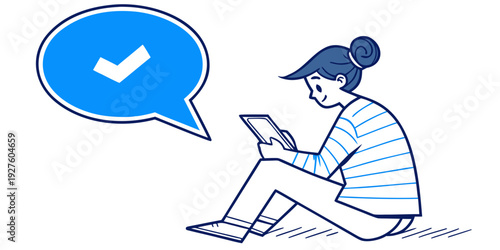 A woman sitting at a table using a laptop with a checkmark in a speech bubble. Vector
