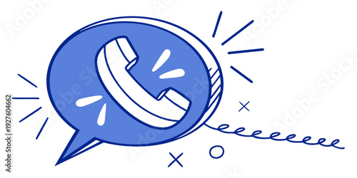 A blue speech bubble with a phone icon and sound waves indicating a call Vector