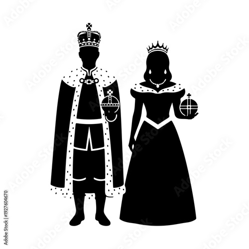 Silhouette of King and Queen in Royal Attire Holding Orbs.