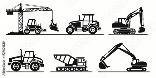 A variety of heavy construction equipment in action on a job site Vector