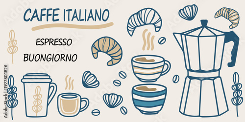 Italian coffee illustration with croissants espresso pot and coffee beans