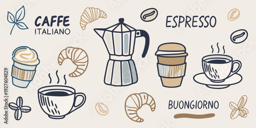 Italian coffee and pastry illustration with decorative elements and text