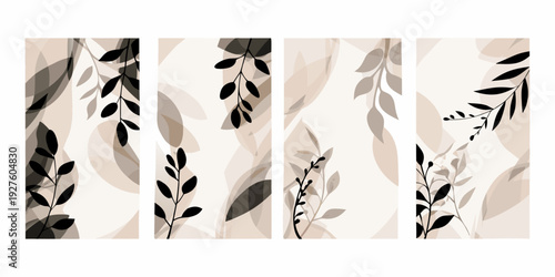 Abstract botanical illustrations in neutral tones arranged in vertical panels