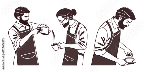 Three chefs collaborating in a professional kitchen environment Vector